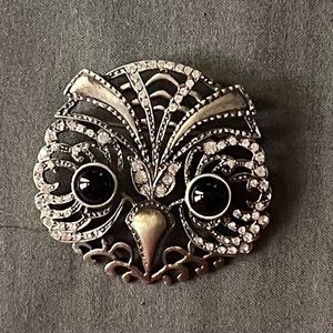 Night Owl Pin, Brooch, sterling silver with onyx and crystals   1-5/8"H x 3/4"W